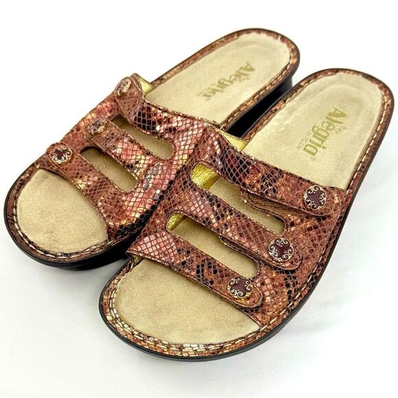 Alegria FIONA Copper Snakeskin Wedge Triple Strap Slide Support Sandals - Picture 3 of 16